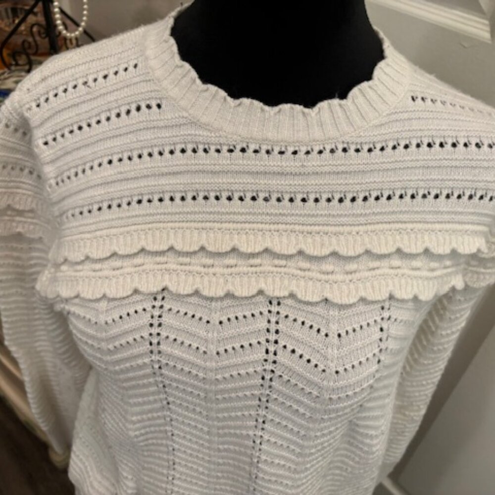 J Crew Knit Ivory Feminine Crewneck Sweater Ruffles EUC Med - Picture 2 of 5